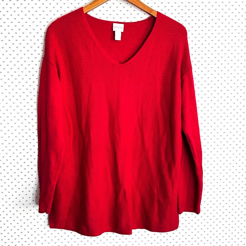 Chicos V Neck Sweater L 1 Cherry Red Textured Lagenlook Capsule Minimalist